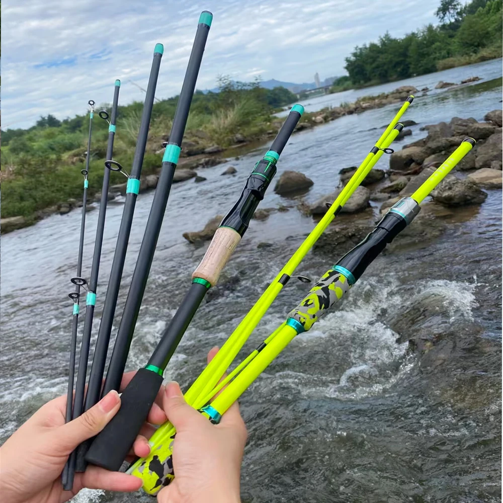 Caña de pescar de viaje de carbono duro para barco, 4/5 secciones, Mini caña de Jigging de Baitcasting corta, colores amarillo/verde para sal/agua dulce - imagen 5