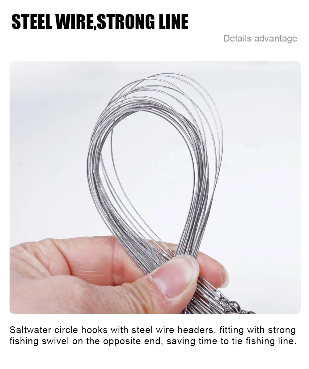 Agilice su experiencia de pesca con líneas duraderas de acero y ganchos versátiles de círculo de agua salada