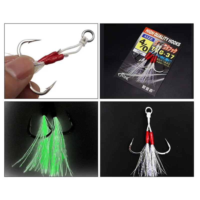 ZYZHE Anzuelo JIG doble luminoso con pluma – Acero alto carbono - imagen 5