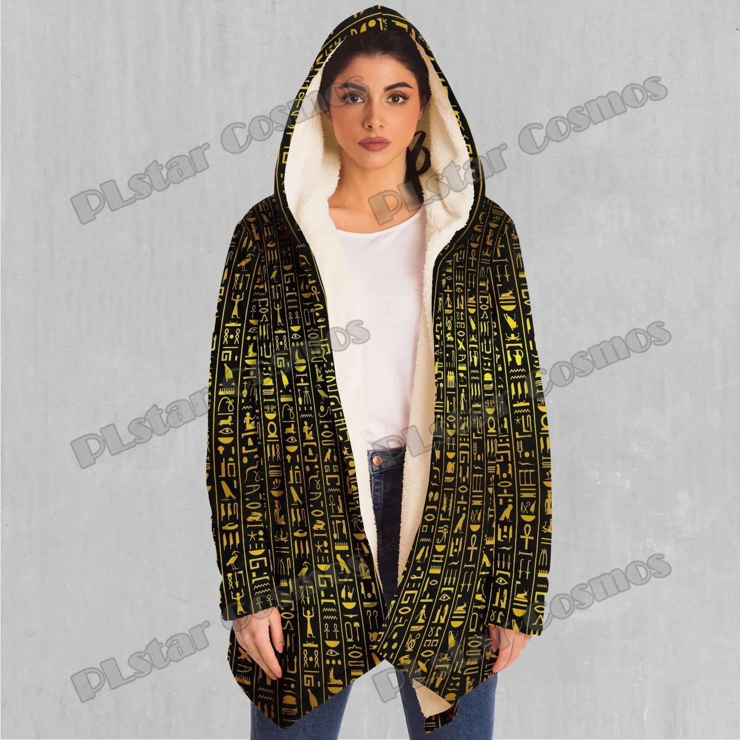 Capa con capucha con forro de Sherpa para hombre, símbolo de jeroglíficos del Antiguo Egipto, estampado 3D, capa gruesa y cálida informal para invierno DP78 - imagen 5