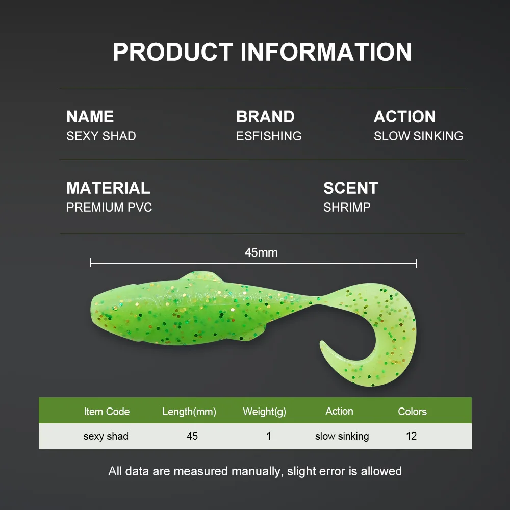 ESFISHING cebo suave Sexy Shad 45mm 20 piezas señuelos de pesca de carpa blandos Peche pequeños señuelos de grub - imagen 3