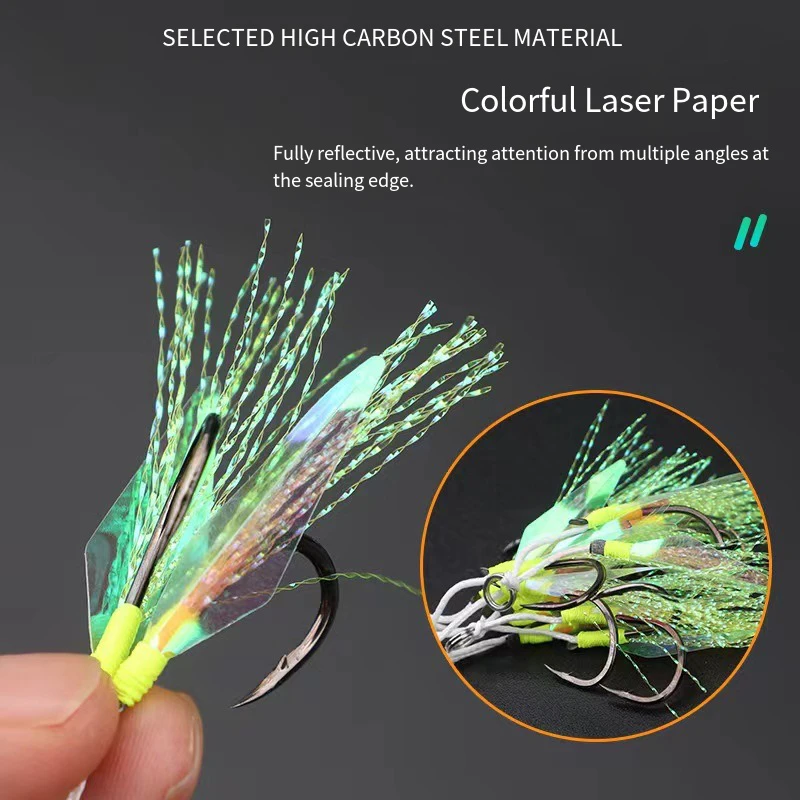 Falda reflectante de piel de pescado, anzuelo de asistencia doble Siingle, plantilla de Metal verde, gancho de acero rico en carbono con asistencia para pesca marina, 10 Uds. - imagen 5