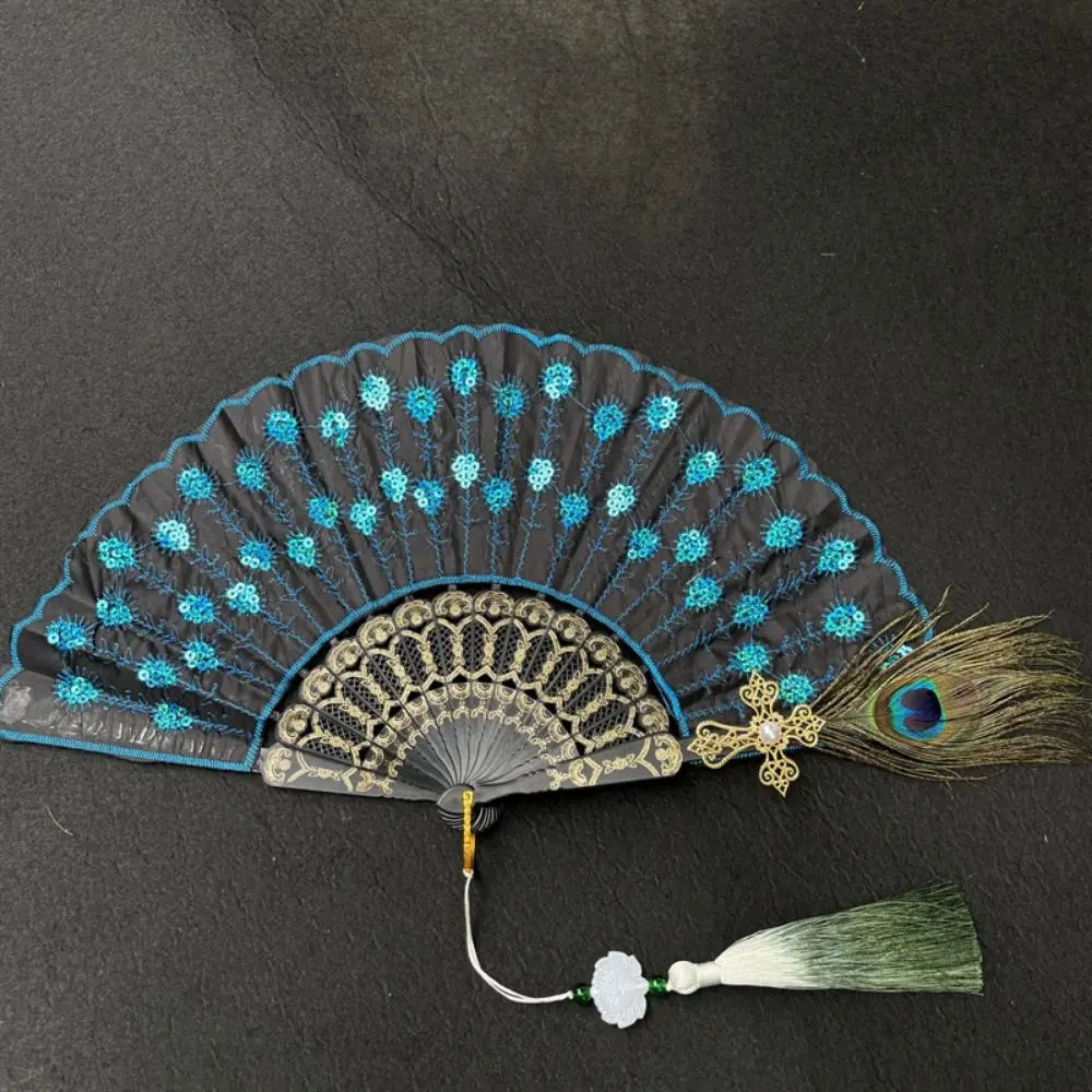 Abanico Plegable de Encaje con Mango Negro, Bordado con Lentejuelas, Longitud: Aproximadamente 35 cm, Abanico para Espectáculo de Cheongsam, 65 cm con Colgante - imagen 2