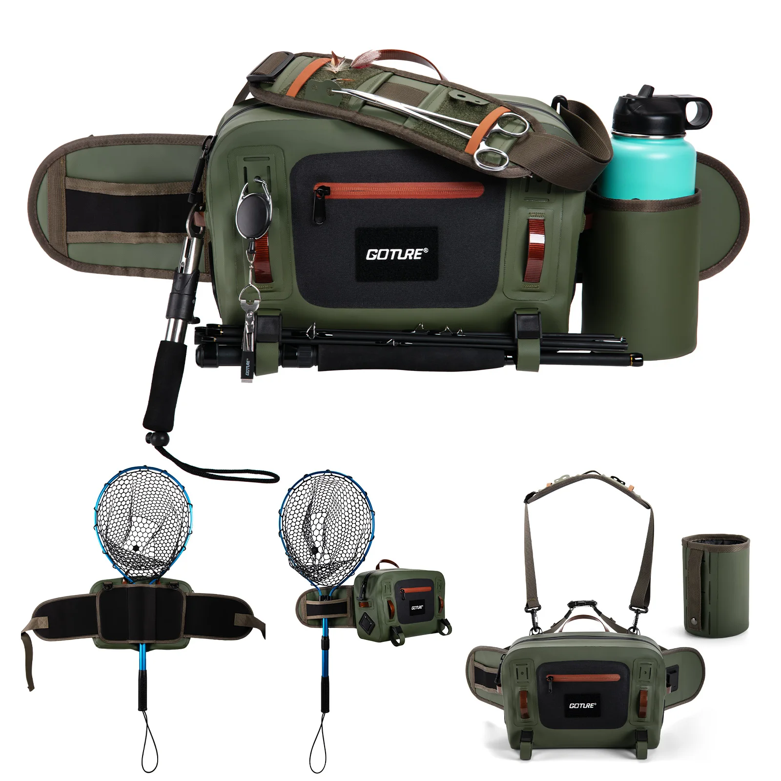 Goture-riñonera impermeable para pesca con mosca, 10L, 34,5x23x12,5 cm, ultraligera, con múltiples bolsillos, bolsa de pecho para pesca con estante para caña de almacenamiento