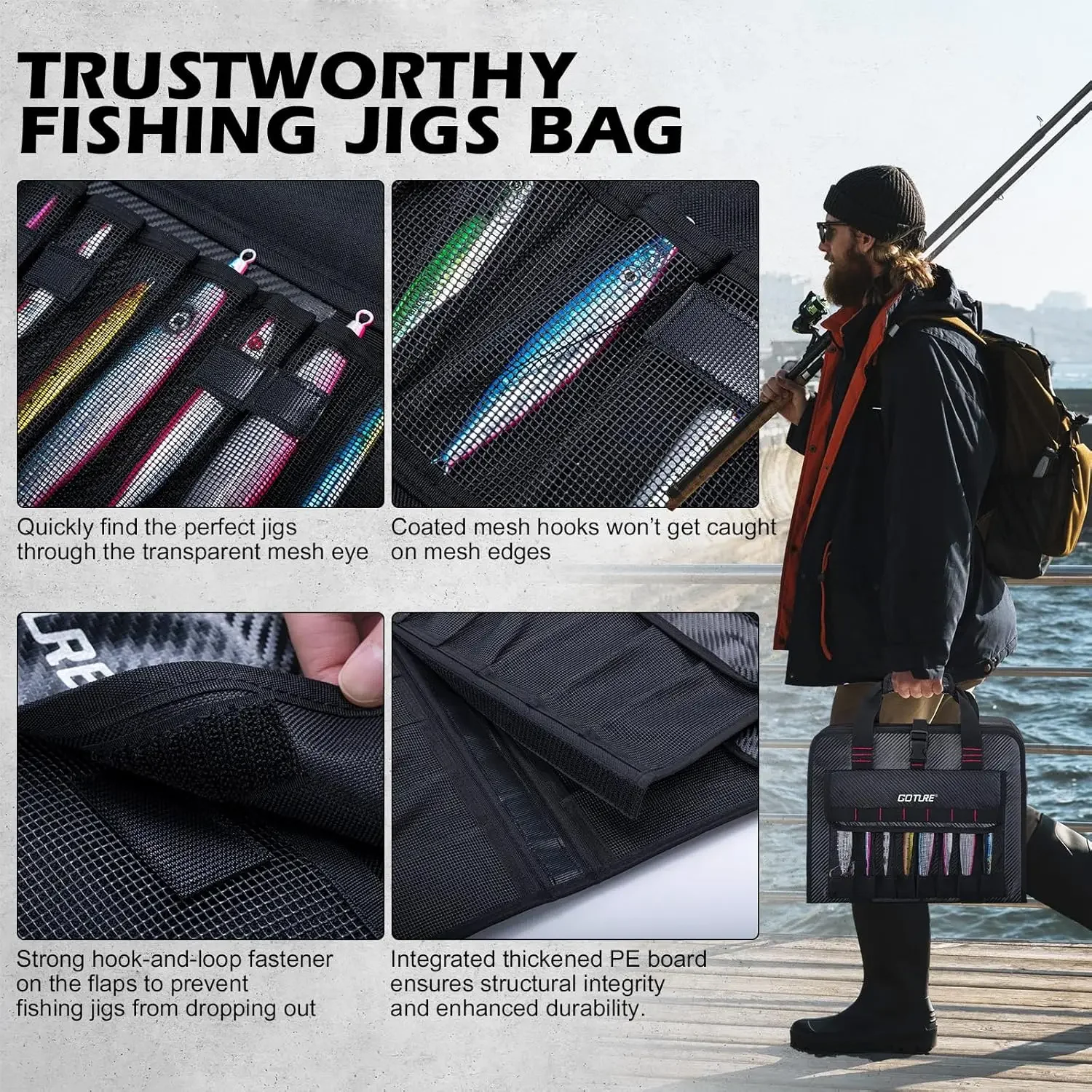 Goture-bolsa de plantilla de Metal portátil, resistente al agua, 600D, PU, bolsa protectora para señuelos de pesca con 34 bolsillos de malla, agua dulce y salada - imagen 3