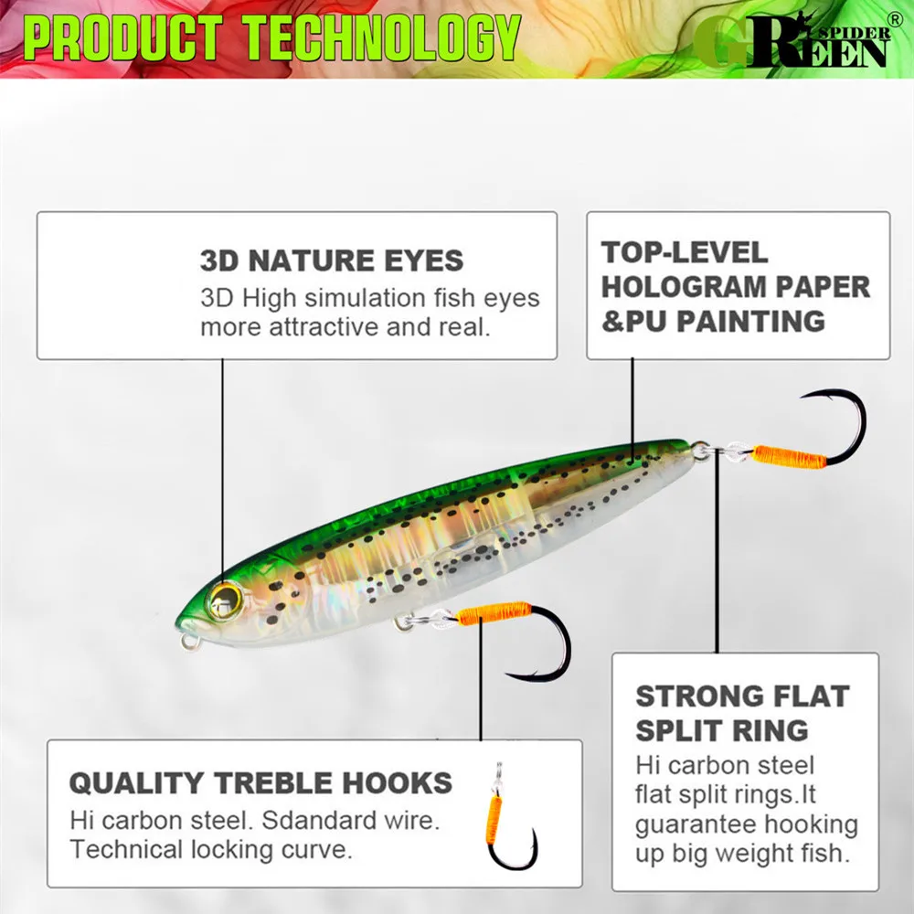 GREENSPIDER-señuelo de pesca con lápiz Topwater, cebo flotante de superficie de 100mm y 18,5g, señuelos de agua superiores para alimentador de Lucio y lubina - imagen 5