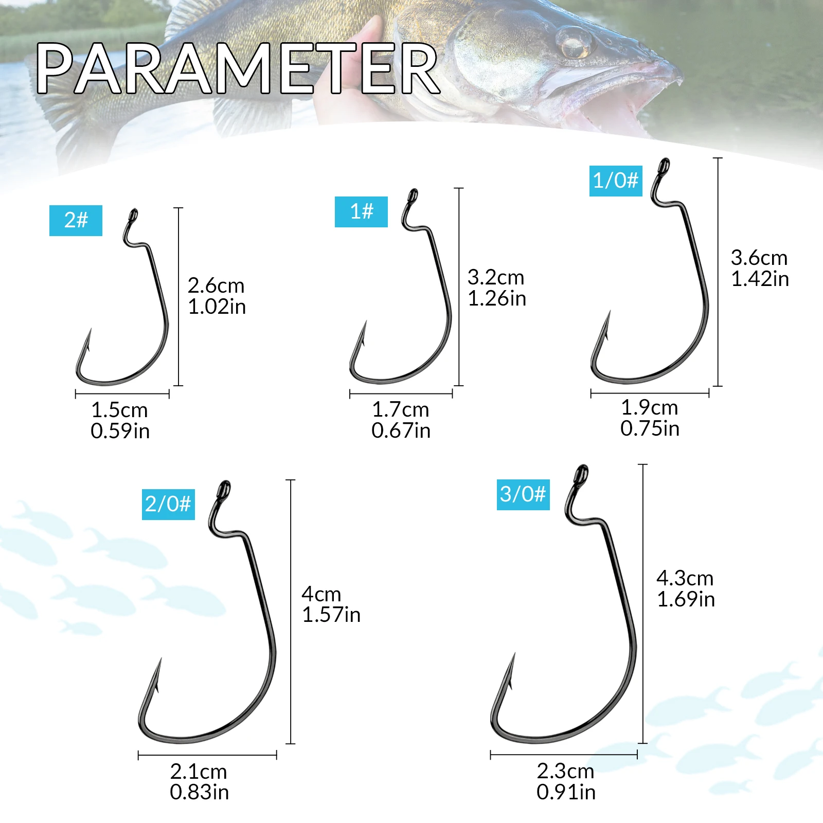 THKFISH 20 piezas anzuelos compensados de acero rico en carbono anzuelos de pesca de manivela ancha para señuelos blandos # 2- # Anzuelo de púas 3/0 para pesca de carpa - imagen 2