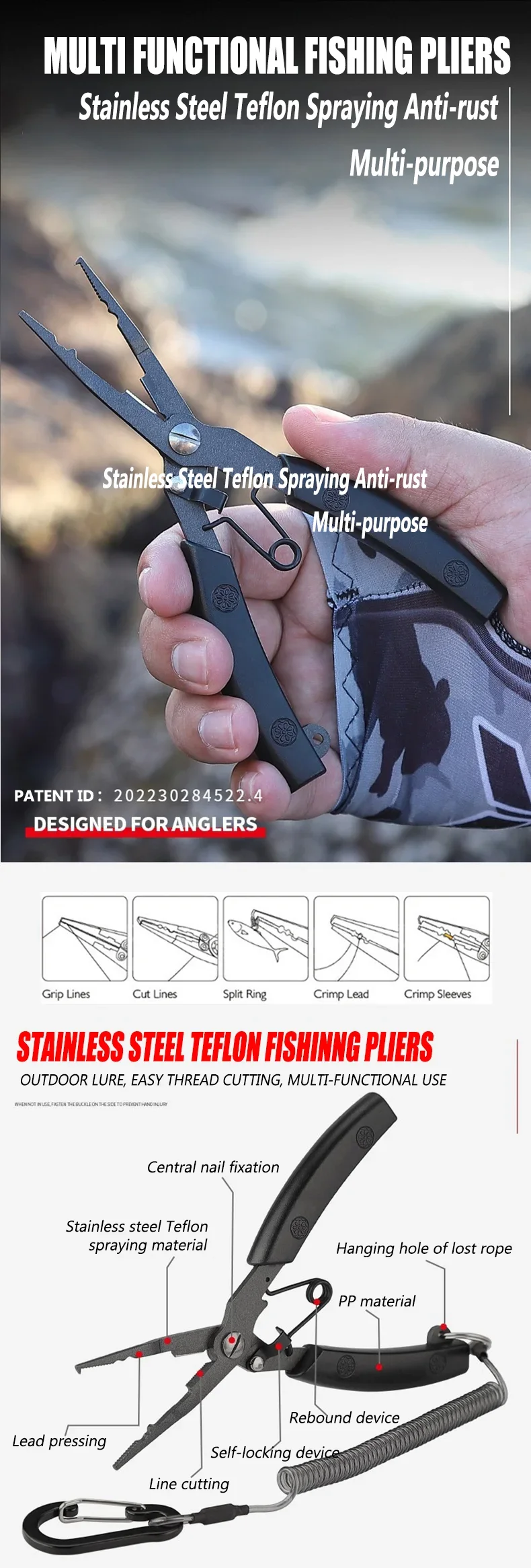 Alicates de pesca multifuncionales AJLURES en acero inoxidable con mango antideslizante