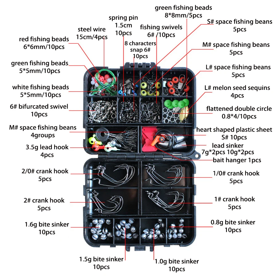 Juego de accesorios de pesca incl. Anzuelo de plantilla, pesas de plomo para pesca de lubina, varios broches de remolino de pesca, toboganes de plomada con caja - imagen 2