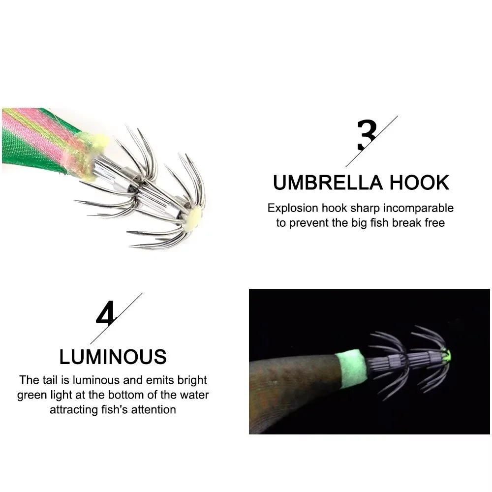 FTK 8g 12g 15g 19g plantilla de calamar señuelo de pesca de mar camarones de madera ojos 3D luminosos anzuelo de calamar Jigging pulpo cebo Artificial duro - imagen 5