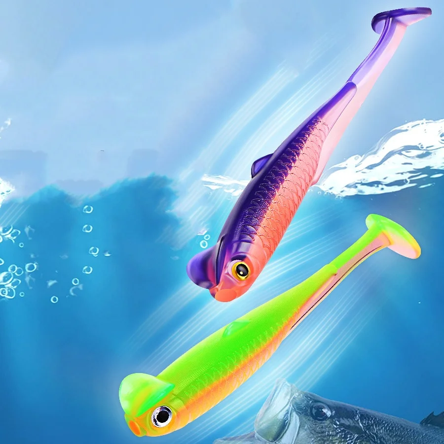 Señuelo de pesca pez colorido ojo 3d cola en T cebo suave 6cm 1,3g señuelos de gusano artificiales Texas Drop-Shot mordedura plataforma de plomo lote 10 piezas