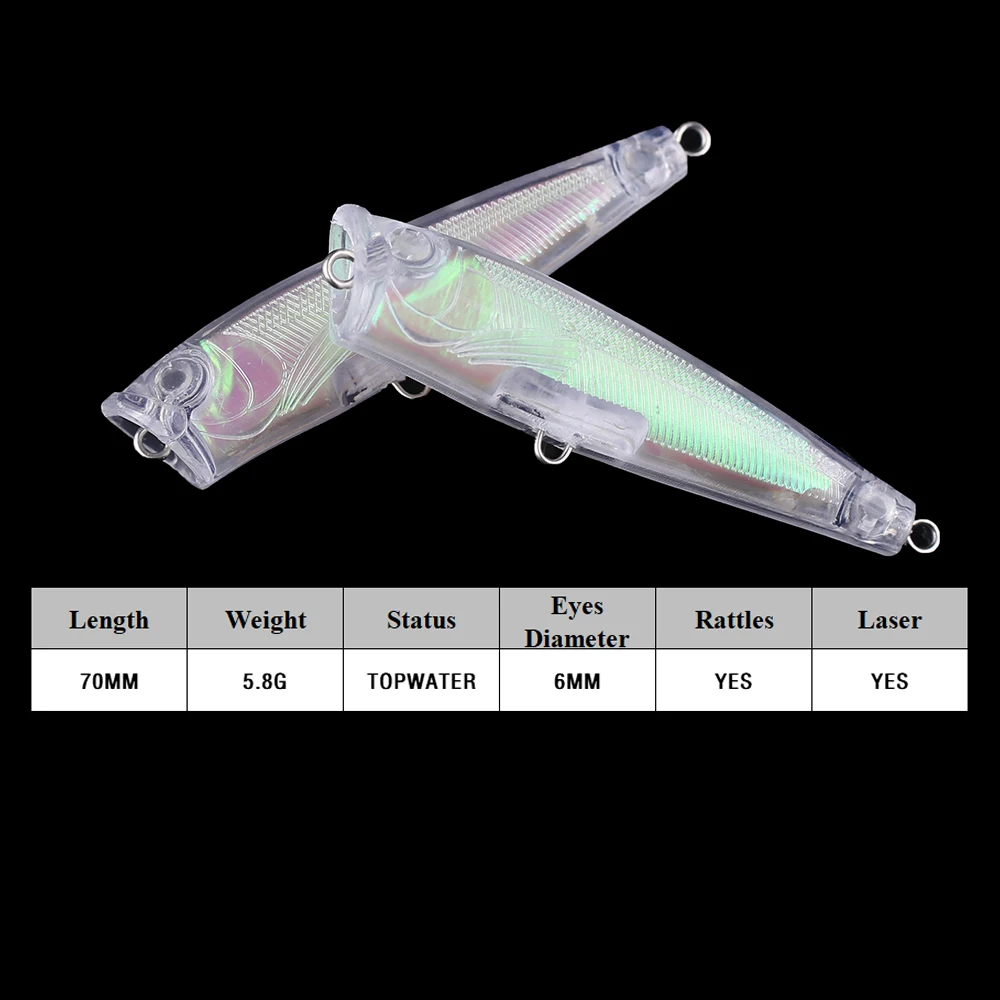 Chan'sHuang-señuelo de pesca Artificial, cebo en blanco sin pintar, 7cm, 5,8g, lámina holográfica, sonajero, Popper, hecho a mano - imagen 2