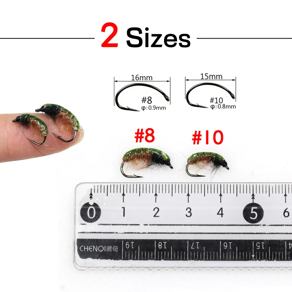 Bimoo 8PCS # 8 # 10 pegamento verde UV espalda ninfa trucha pesca insecto Artificial cebo señuelo Scud insecto gusano moscas - imagen 3