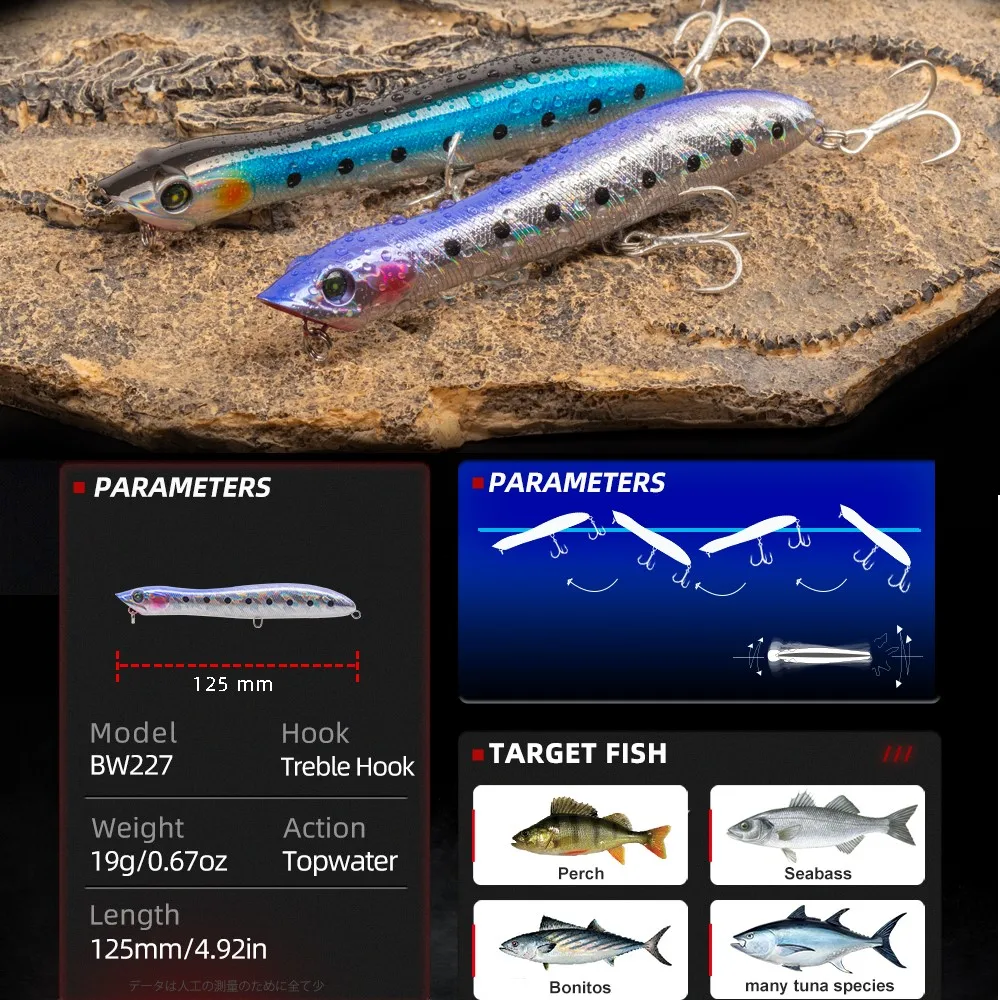 TSUYOKI Z-señuelos de pesca Popper con superficie Topwater para perros, anzuelo triple de 125mm y 17,5g, cebos flotantes con garra en Z, lápiz Artificial - imagen 3