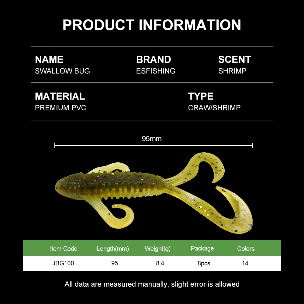 ESFISHING NUEVO señuelo de oruga golondrina insecto 95 mm 8 piezas cebo de pesca gusano de plástico suave para lubina - imagen 5