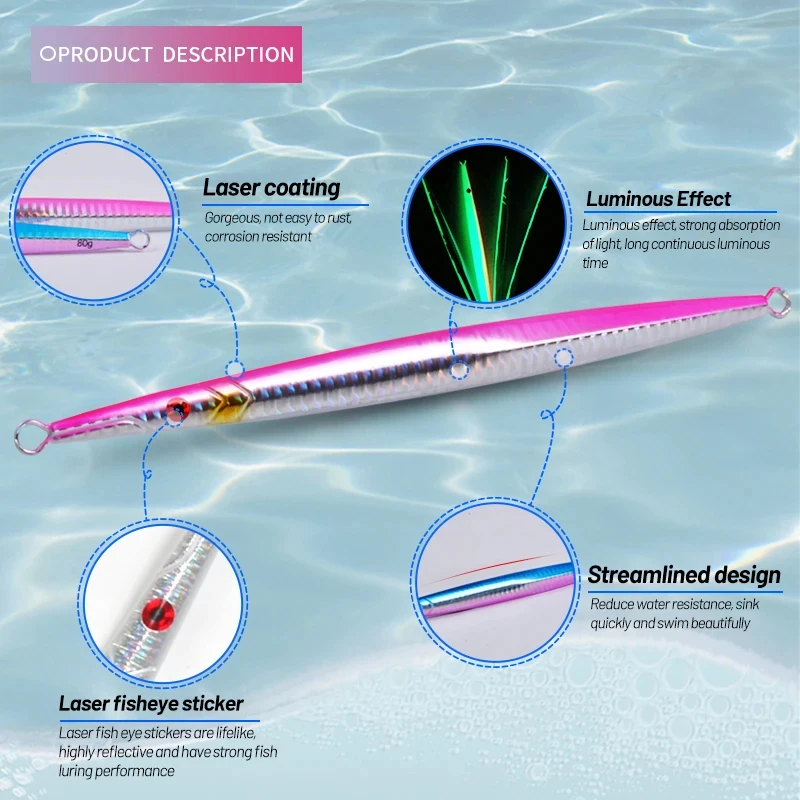 OBSESSION-señuelo de pesca con aguja, 60g, 80g, Jigging rápido, plantillas de Metal brillantes, cebo duro que se hunde, lápiz de agua salada, anzuelo auxiliar - imagen 5