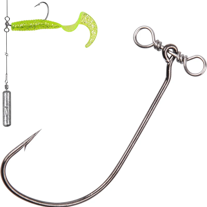 Ganchos de tiro caído con ganchos giratorios en línea para pesca de perca de lubina, anzuelos de gusano compensados, anzuelo de cebo suave afilado de acero rico en carbono, 10 Uds. - imagen 4