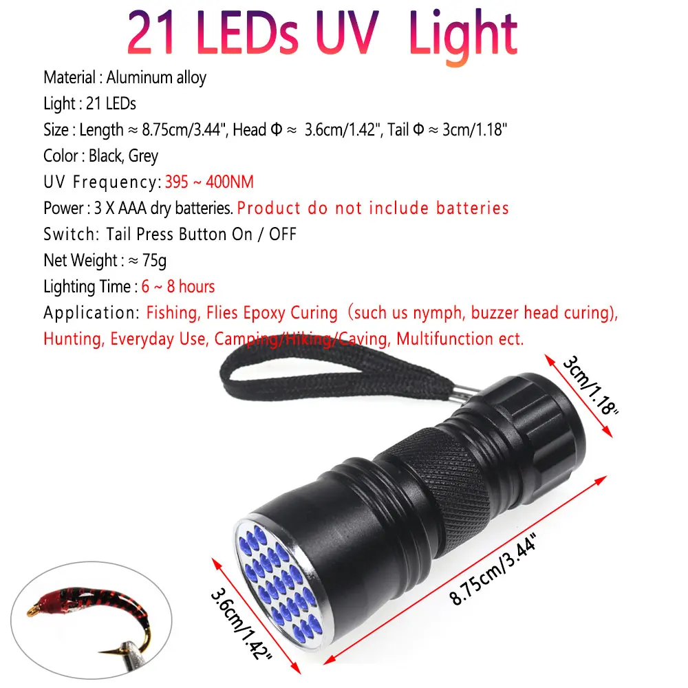 Bimoo-Herramienta de atado de moscas para pesca, 21 LED, luz UV, 365nm ~ 410nm, lámpara de curado UV multifunción, antorcha, zumbador de ninfa, herramienta de curado epoxi - imagen 2