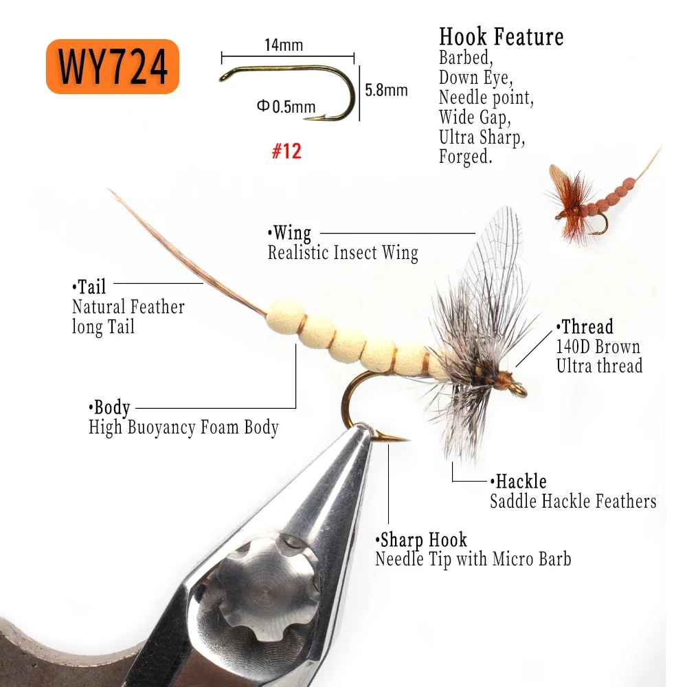 WIFREO 6PCS # 10 # 12 # 14 CDC ala de plumas mayfly ciervo pelo cuerpo mosca seca Rocky River trucha pesca moscas cebo señuelo - imagen 3