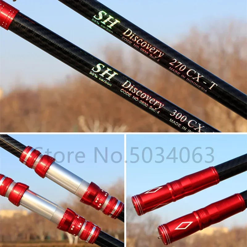 Una imagen de una caña de pescar con mango rojo