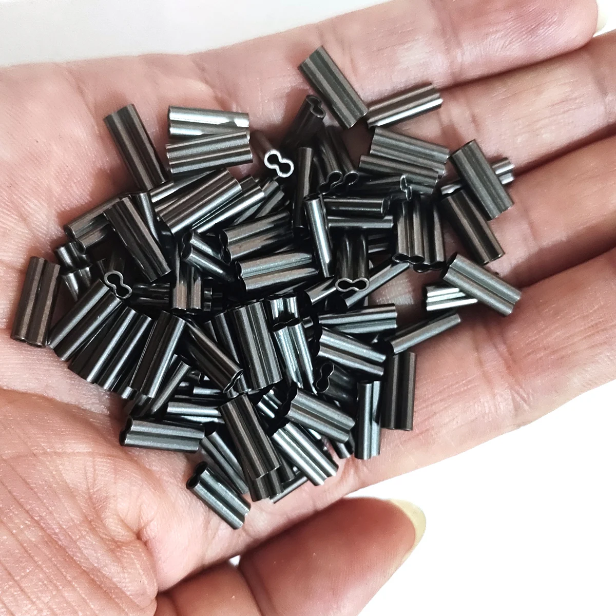 ICERIO-Manguitos de crimpado de doble barril de cobre, 100 piezas, para línea líder de pesca de monofilamento (ID de 0,8mm-2,0mm), aparejo de alambre