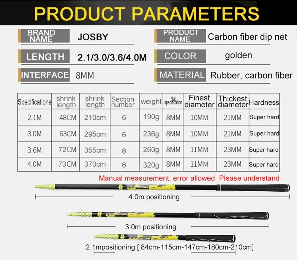JOSBY-Red de mano de aterrizaje de pesca de carpa ultraligera, duradera, plegable, mango de poste telescópico, aparejos de pesca de 2,1/3/3, 6/4M - imagen 5