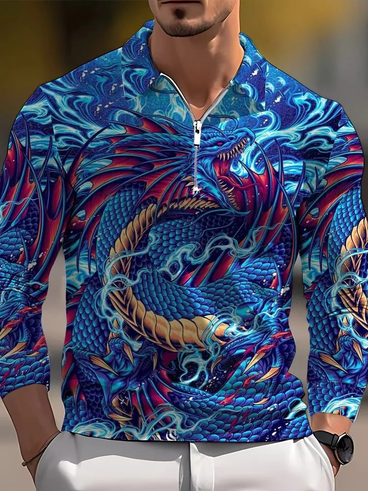 Camiseta con estampado 3D de dragón Oriental misterioso para hombre, Polo de manga larga con cremallera, camisa informal Unisex, Otoño, PLP87 - imagen 5