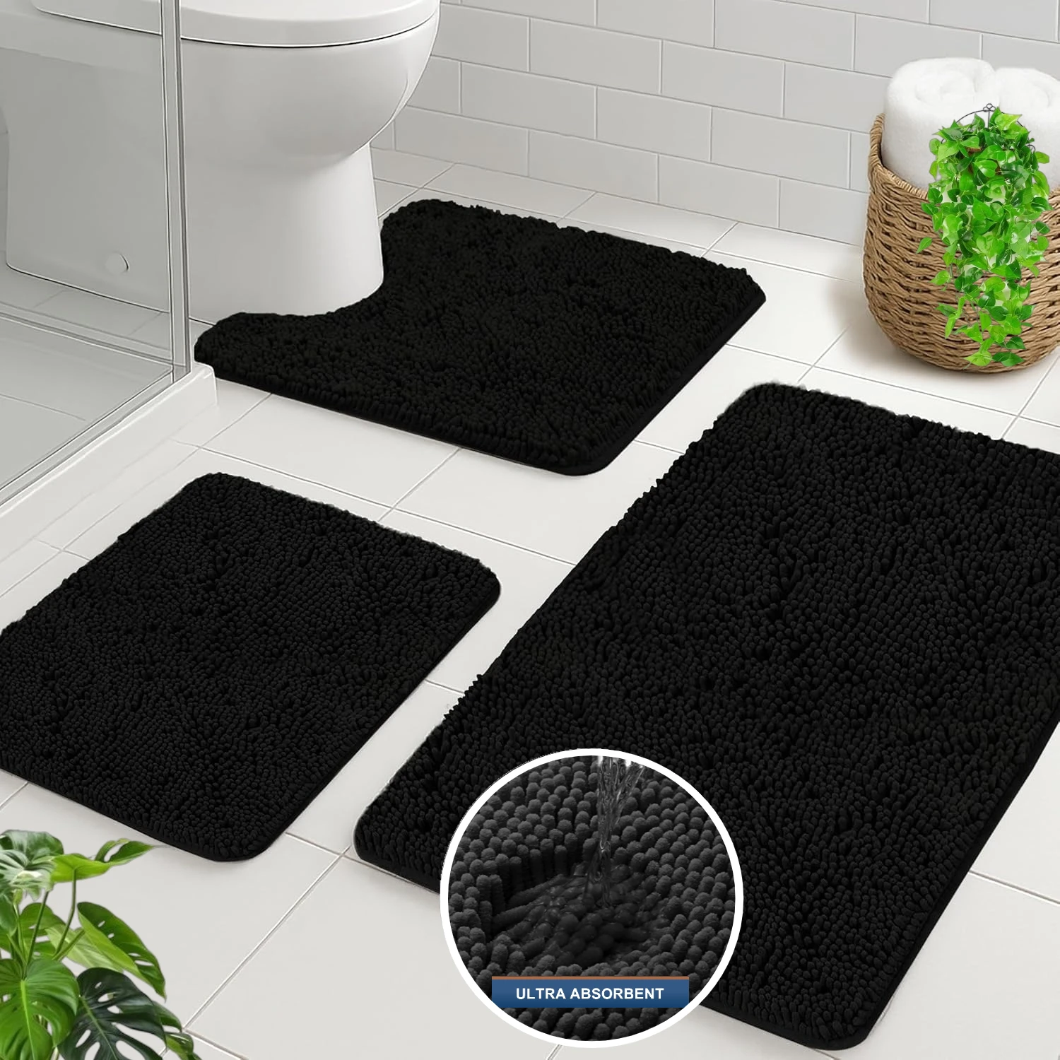 Juego de 3 alfombrillas de baño en forma de U antideslizantes de chenilla