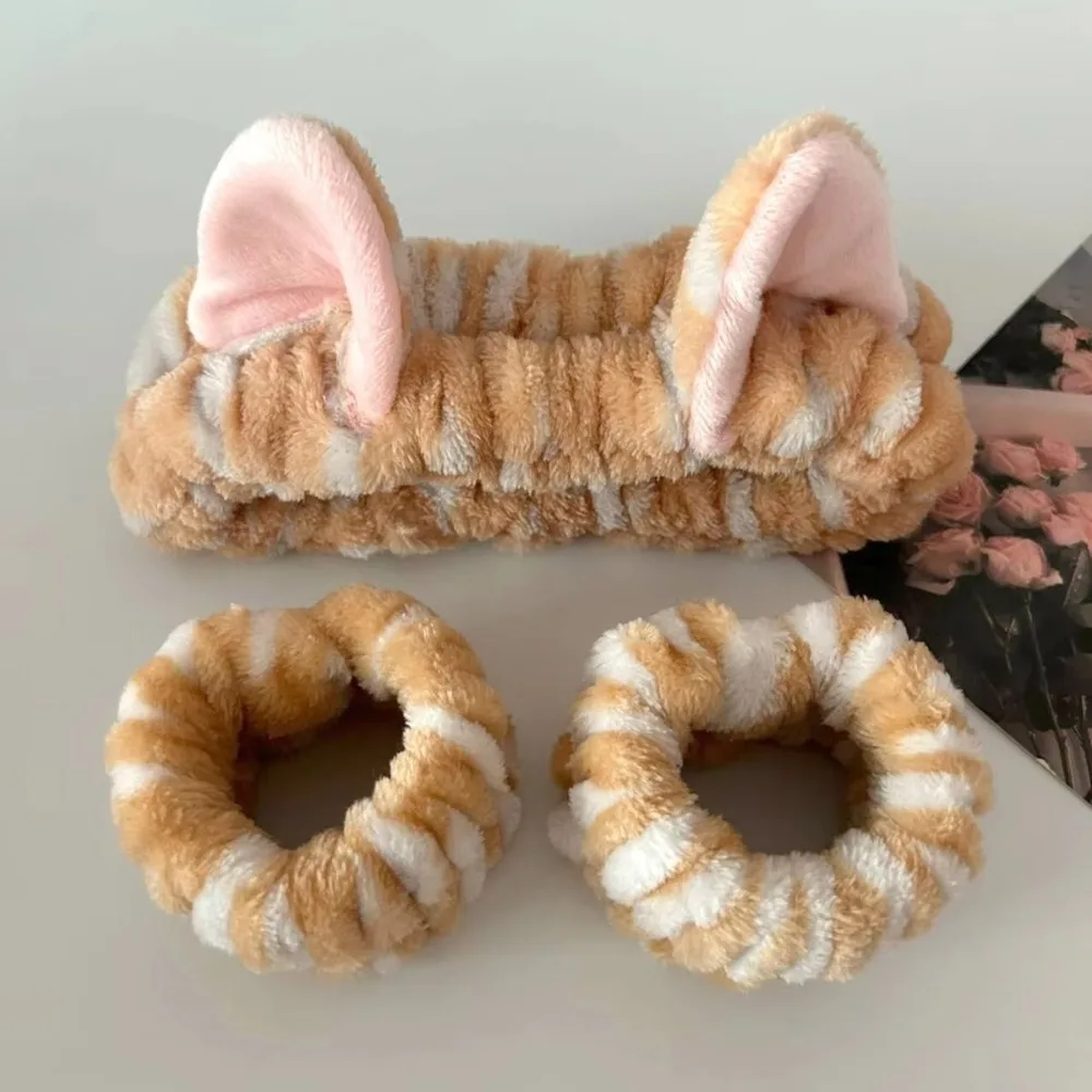 3 unids/set de diadema con orejas de gato con estampado de leopardo, diadema elástica de lana Coral para lavar la cara, accesorios para el cabello, correa de muñeca suave
