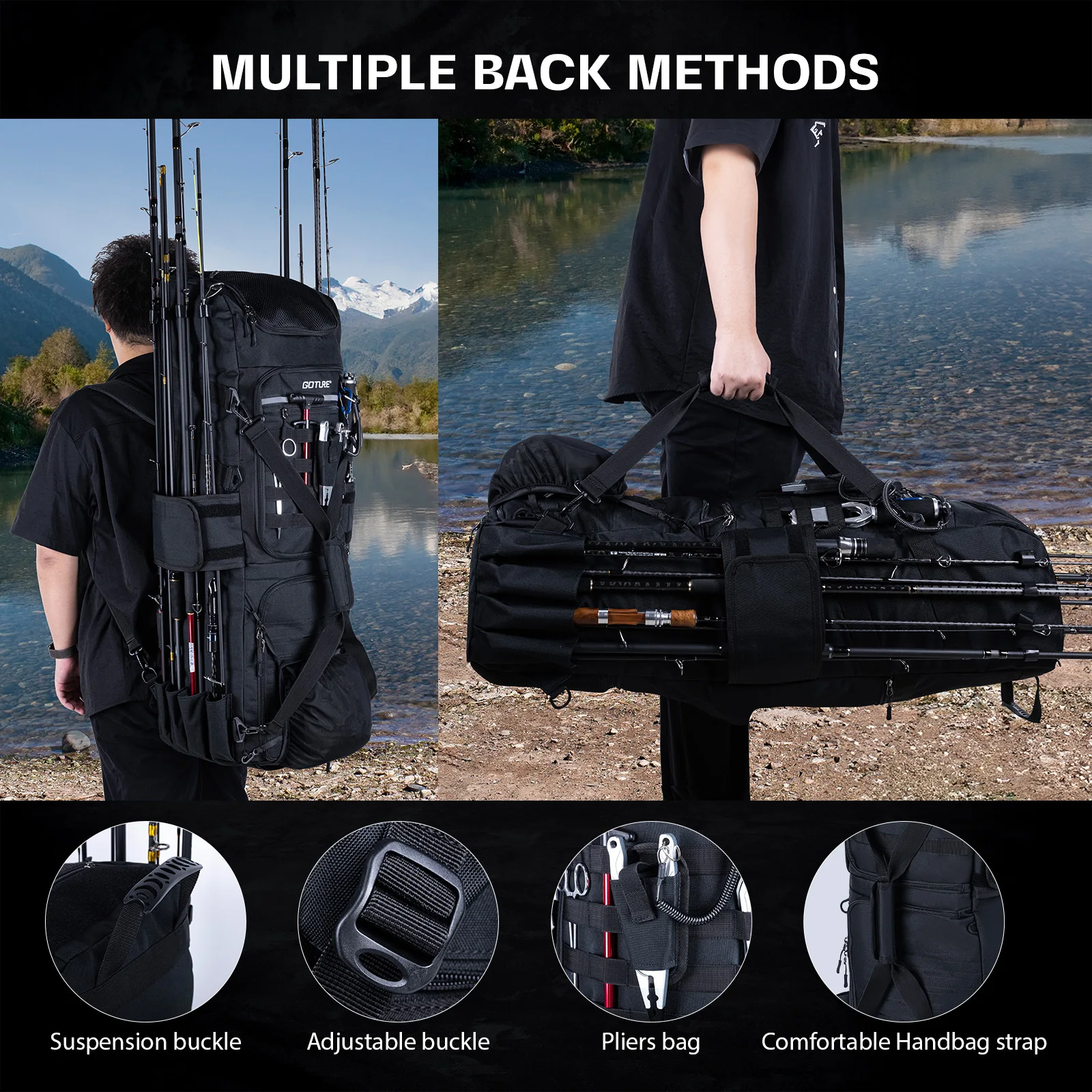 Goture 99*47*28cm 3 capas 130L bolsa grande para aparejos de caña de pescar multibolsillo 600D Oxford con capa aislante bolsa de caza y Camping - imagen 5