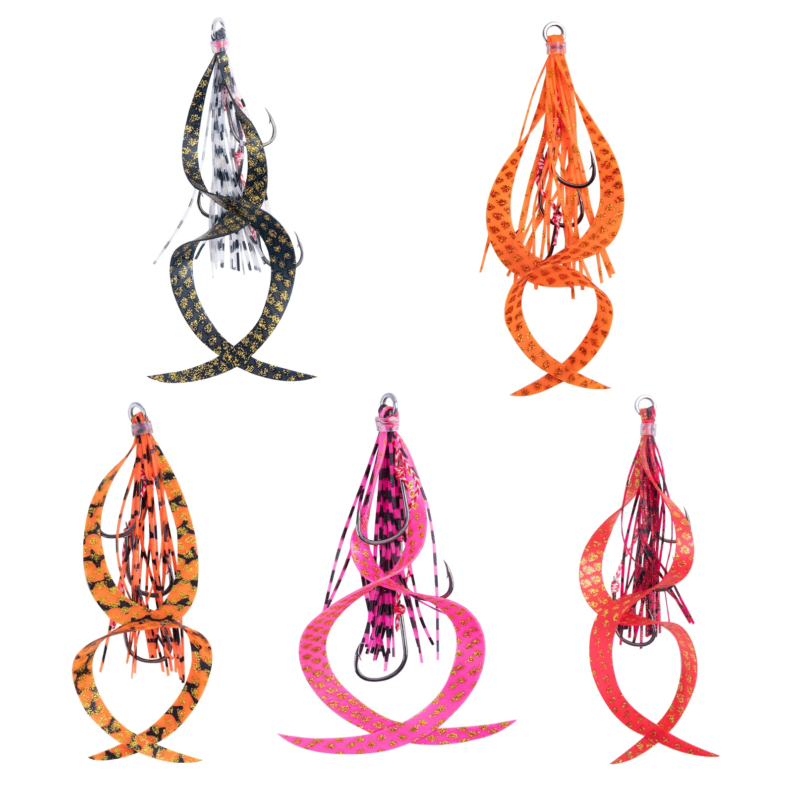 Goture 5/10 Uds faldas de goma de silicona para pesca en agua salada 13 #   Cebo con 3 anzuelos asistidos para accesorios de pesca con señuelo Jig, 5 colores - imagen 2