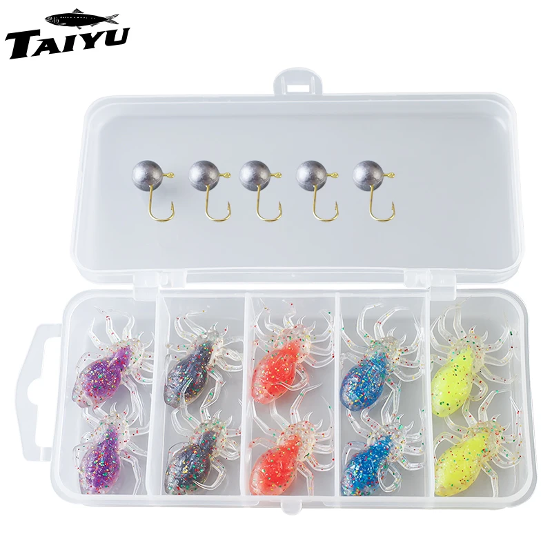 TAIYU 15 unids/set señuelo de araña suave con ganchos caja de almacenamiento cebo de pesca 4 cm/1,3g Micro cebo de araña biónico Artificial aparejos de pesca