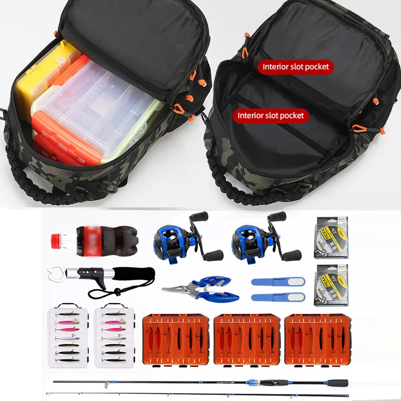 Mochila para señuelos de pesca con soportes para cañas, bolsa de pecho multifuncional Molle, accesorios para cajas de peces grandes, mochila para senderismo al aire libre - imagen 5