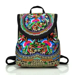 Mochila bordada étnica para mujer, mini bolso hombro multifunción lona