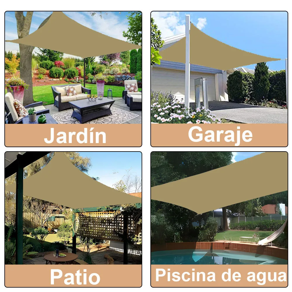 Un collage de cuatro espacios exteriores diferentes, cada uno con un propósito y diseño diferente.

1. La imagen superior izquierda tiene la etiqueta Jardín, que significa Jardín en español.