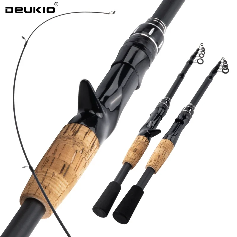 Caña telescópica DEUKIO carbono – Spinning baitcasting 2.4M mango madera - imagen 4