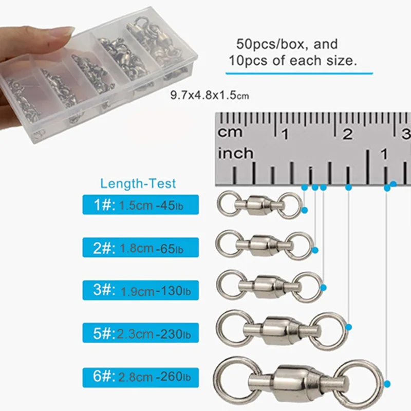 Ackibbik-Juego de rodamientos giratorios de pesca, 50 piezas, para agua salada, aparejos de pesca, conector giratorio - imagen 2