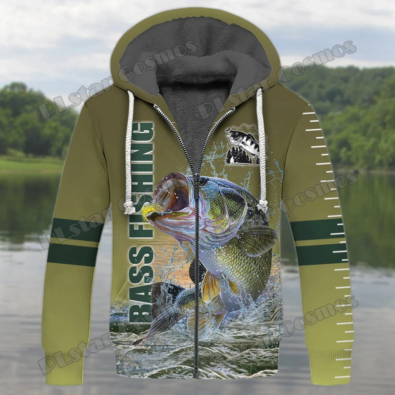 JH14-Sudadera con capucha y cremallera para hombre, chaqueta con estampado 3D de perca amarilla, forro polar, informal, gruesa y cálida, de invierno - imagen 5