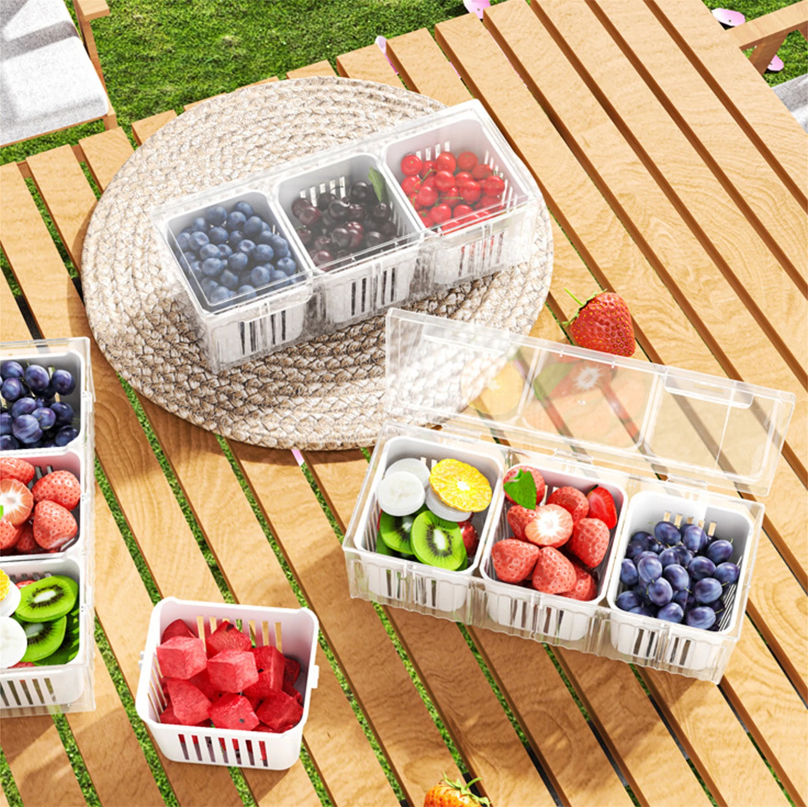 Crisper para acampar con tapa, caja sellada de drenaje dividida portátil de gran capacidad para condimentos de frutas y verduras, herramientas para barbacoa y Picnic