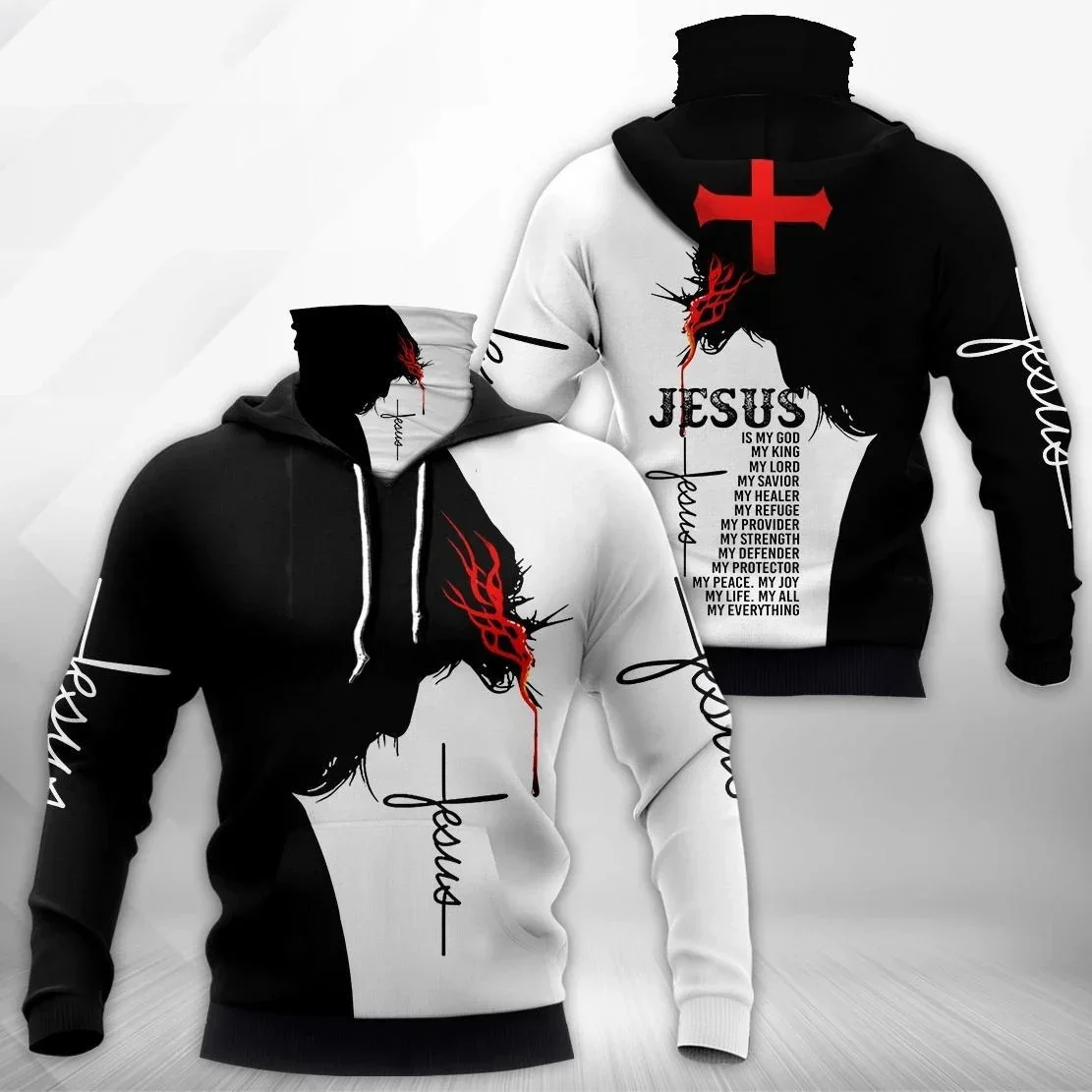Jesús y caballeros templarios estampado 3D hombres adultos cuello polaina Sudadera con capucha invierno Unisex Casual cálido grueso Sudadera con capucha con máscara ZZ08 - imagen 3
