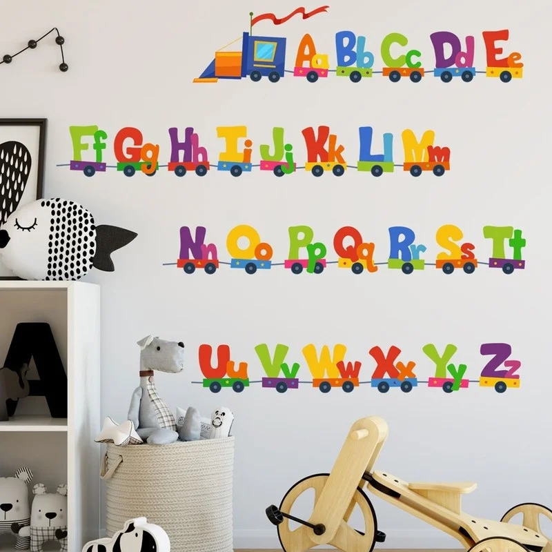 Tren de coche de dibujos animados, 26 letras del alfabeto, pegatinas de pared para habitaciones de niños, decoración del hogar, pegatina de pared para niños, accesorios de decoración de habitación - imagen 4