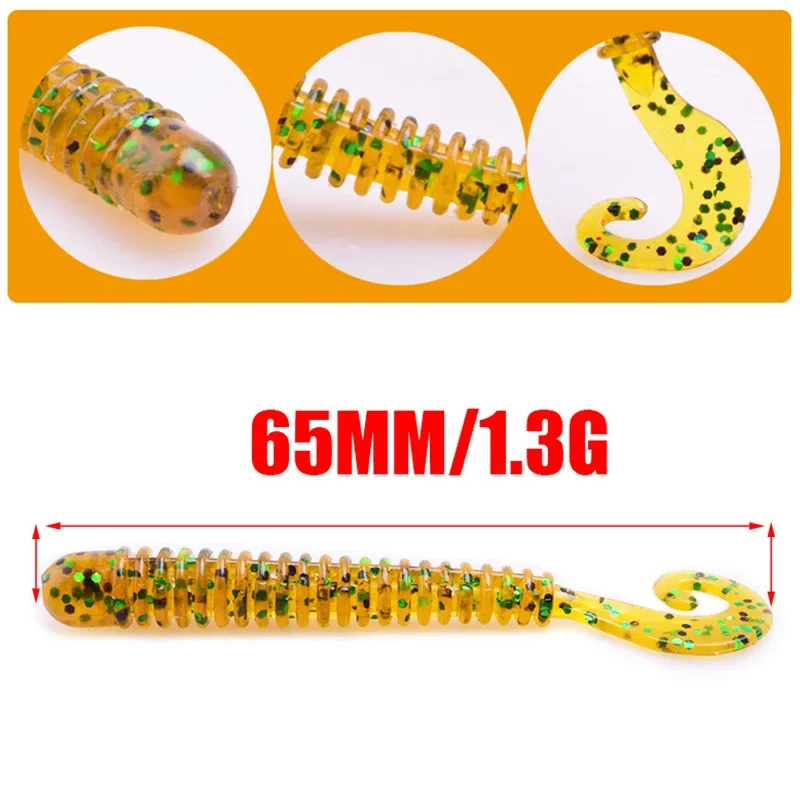 10 Uds gusanos cebo suave de silicona 6,5 cm 1,3g Jig Wobblers Señuelos de pesca atractivo olor a camarón sal cola giratoria aparejos de carpa lubina - imagen 2
