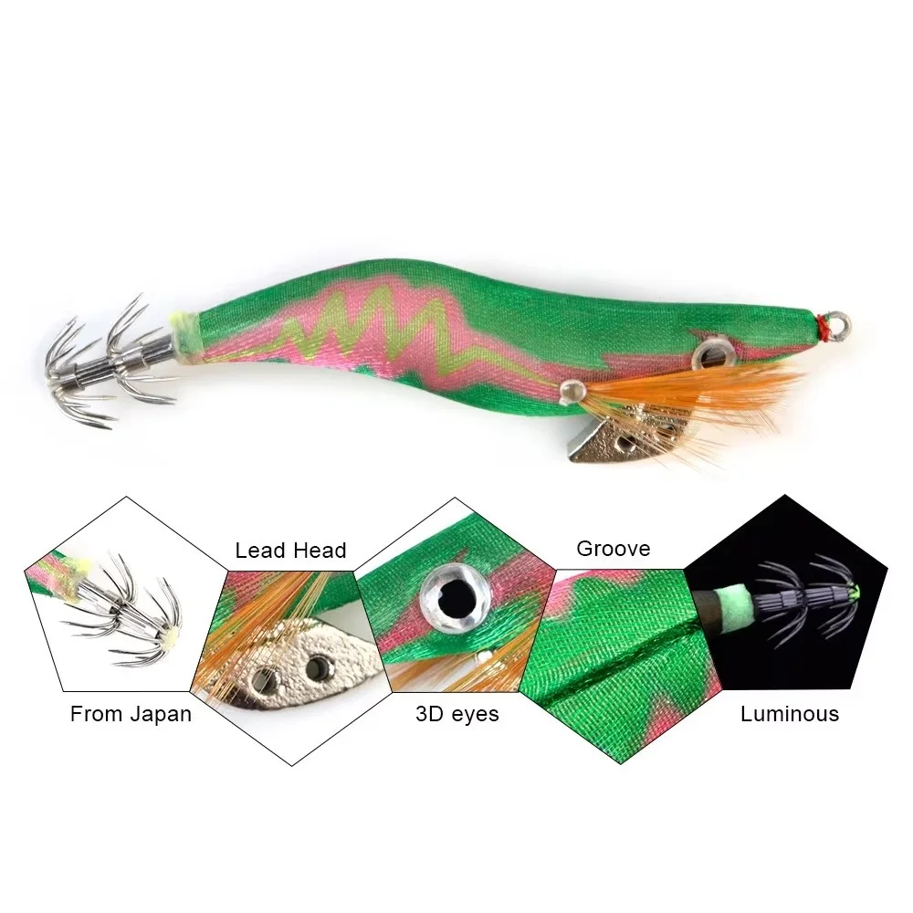 FTK 8g 12g 15g 19g plantilla de calamar señuelo de pesca de mar camarones de madera ojos 3D luminosos anzuelo de calamar Jigging pulpo cebo Artificial duro - imagen 3
