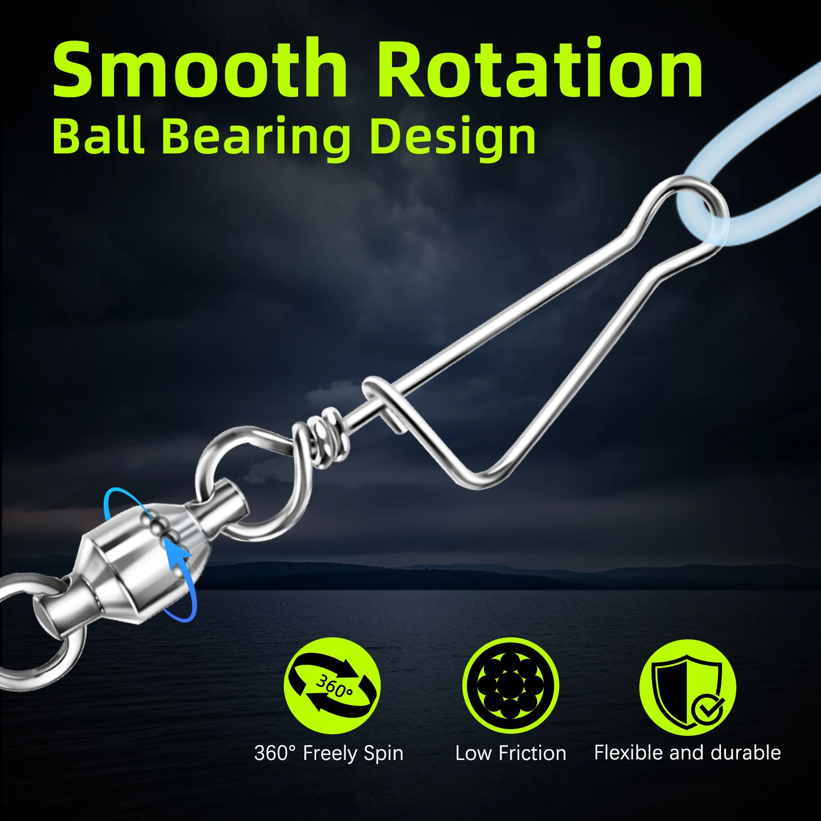 Conector giratorio de pesca FishTrip, tres filas de acero inoxidable, rodamiento giratorio de alta velocidad con pasadores curvos, aparejos de pesca - imagen 3