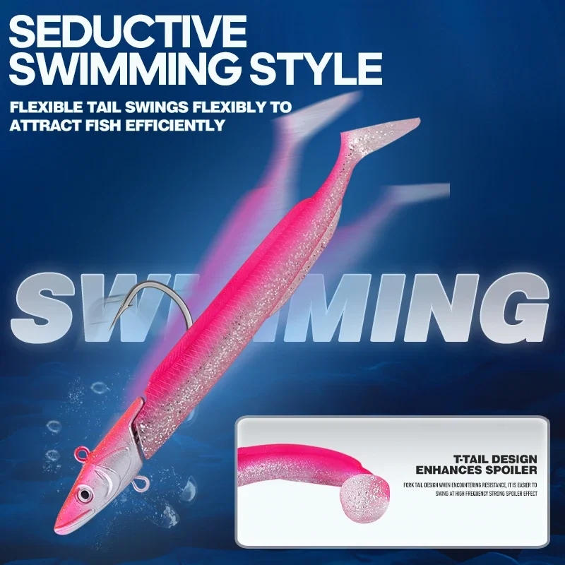 Juego de señuelos blandos de pesca, cola en T de Anguila luminosa, 12cm, 23g, cabeza de plomo de hundimiento lento, cebo de simulación Artificial para lubina/trucha - imagen 2