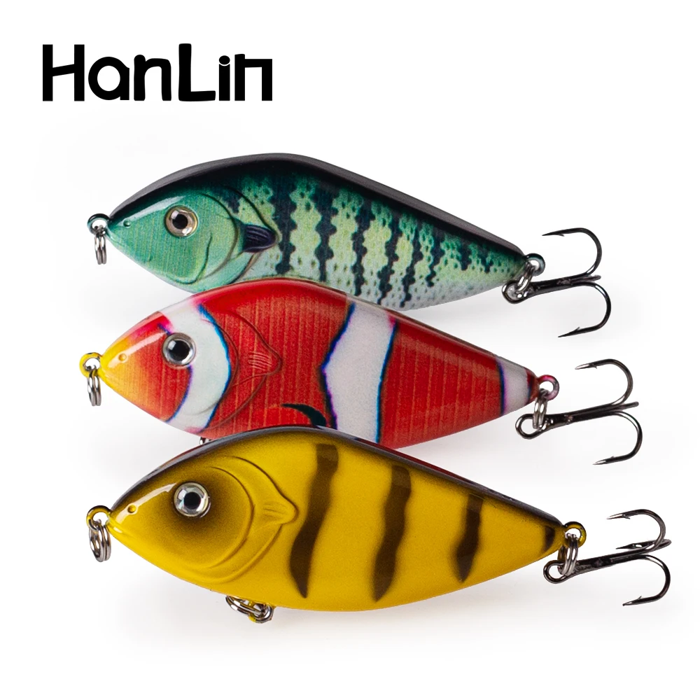Hanlin-señuelo de pesca de hundimiento lento, cebo Artificial duro, aparejo de lubina, Jerkbait, Wobblers, sonajero, 70mm/14,5g