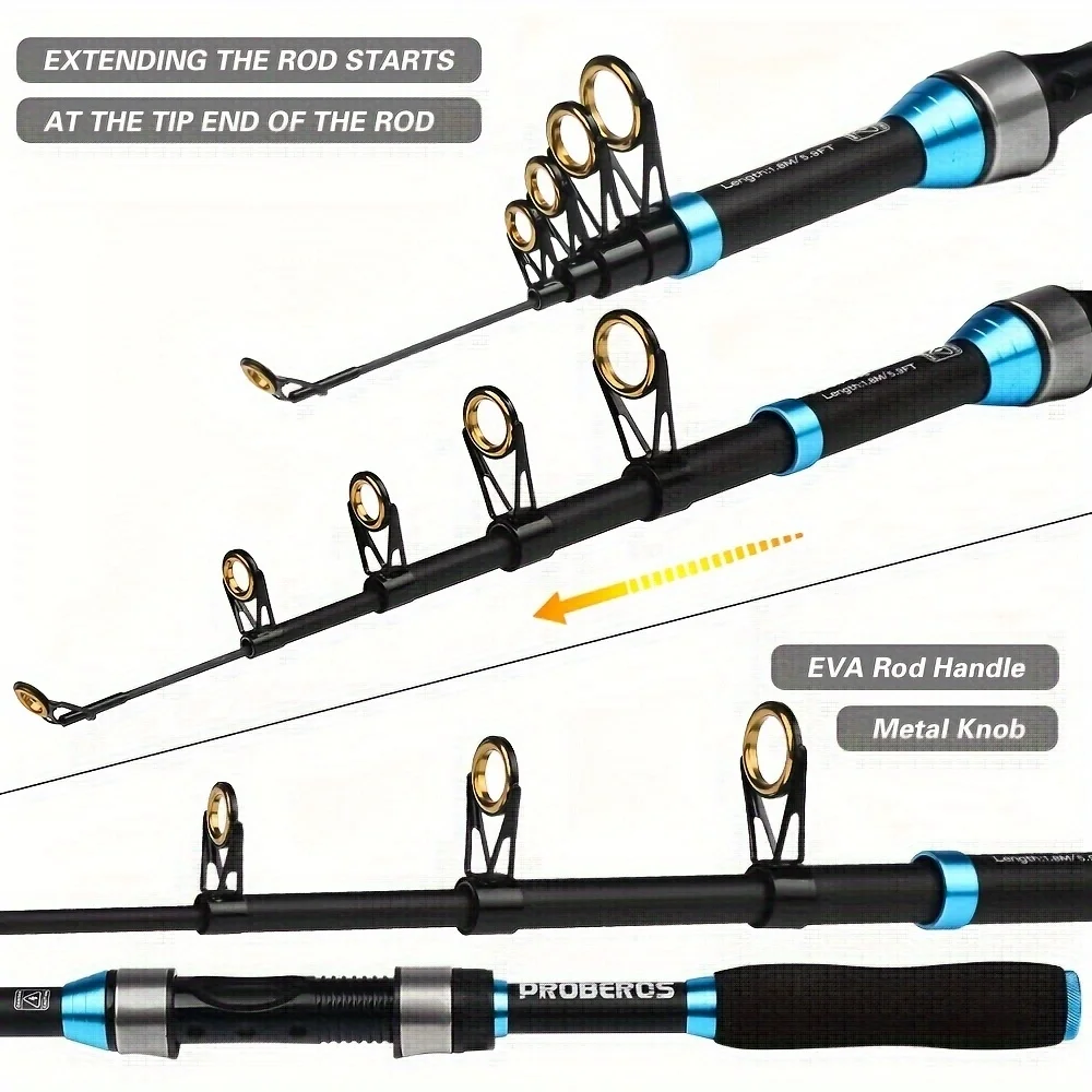 PROBEROS-Juego de caña de pescar, kit completo con caña de pescar telescópica y carrete giratorio, anzuelos de viaje, 1,8 M/5,9 pies - imagen 5