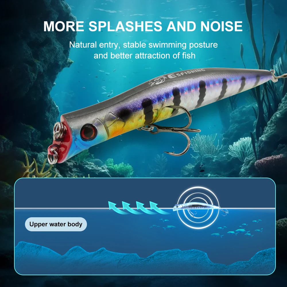 ESFISHING Señuelos de pesca flotantes Popper Darter King 100 mm 9,5 g Dos cebos duros profesionales de buceo Agua superior - imagen 3