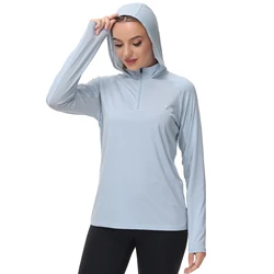 Bassdash-Sudadera con capucha UPF 50 + Performance para mujer, camiseta de manga larga con media cremallera, protección UV, camisa de pesca y senderismo