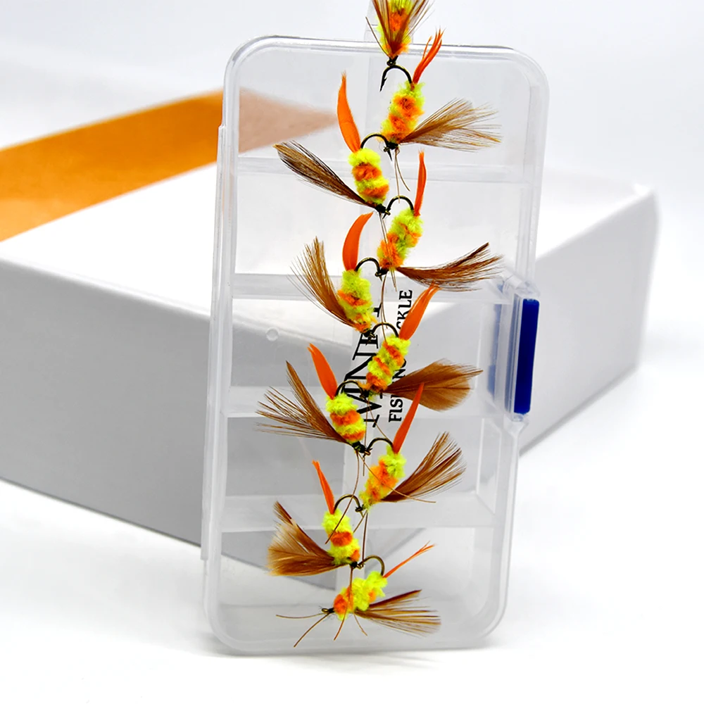 MNFT-señuelo de pesca con mosca, 10 piezas, alas de pluma, amarillo, naranja, cuerpo, insectos, ninfa, anzuelos, moscas de pesca, Mayfly - imagen 4
